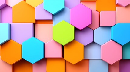 A vibrant array of pastel-colored hexagons and rectangular prisms form a dynamic, textured surface