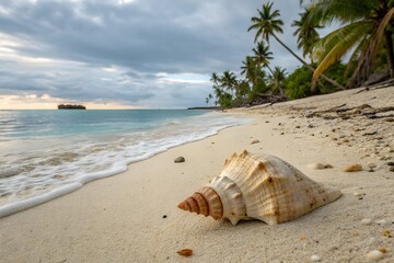 Tropical Beach Scene with Seashells and Palm Trees on a Cloudy Day