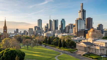 Obraz premium Melbourne Cityscape at Sunset A Stunning View of Urban Architecture and Green Spaces
