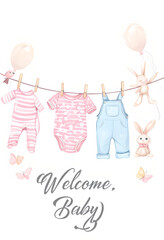 Whimsical Baby Clothesline Illustration With Soft Pastel Tones