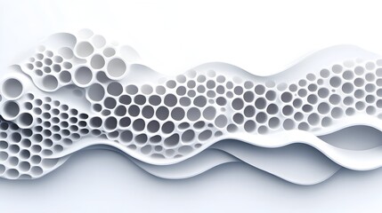 Abstract white undulating form with repeating circular negative space patterns creating a textured, three-dimensional wave-like effect