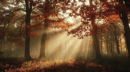 Obraz premium Sunlight streams through autumn foliage in a misty forest.