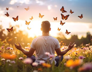 Man meditating in a field of flowers