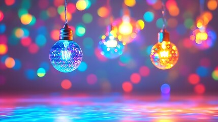 Fototapeta premium Colorful globe lights hang against a bokeh background, reflecting on a shiny surface