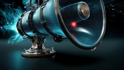 Futuristic megaphone with digital network lines, announcing data, communication technology, virtual reality communication, modern futuristic design