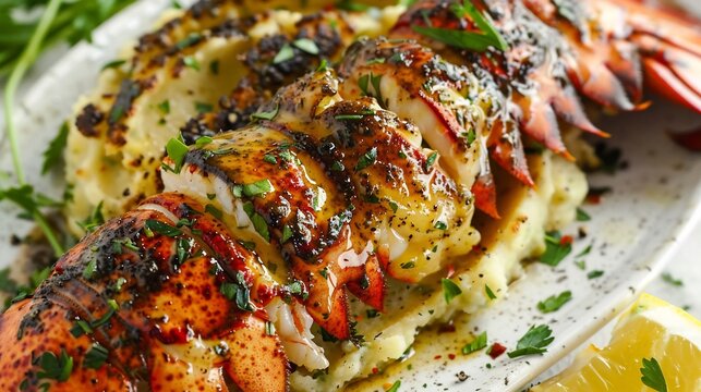 Gourmet lobster tail drizzled with herb butter served with a side of truffle mashed potatoes presented beautifully on a white surface