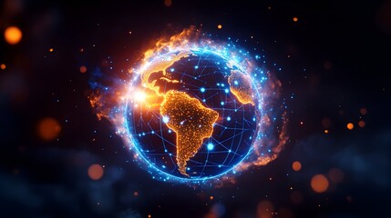 Fiery, glowing Earth enveloped in a network of light, set against a dark, bokeh-filled backdrop