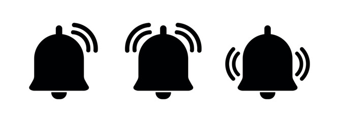 Black Notification Bell Icons Set. Three Silhouette Ringing Alert Symbols