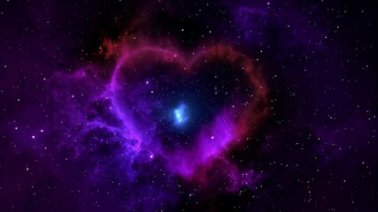 Animated glowing neon turquoise heart shape against a starry purple and blue nebula background - Powered by Adobe