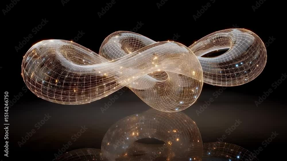 Aufkleber glowing interconnected nodes forming quantum inspired infinity symbol levitating over reflective sur