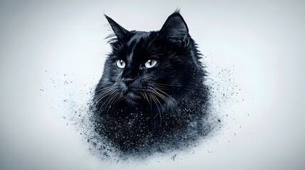 A majestic black longhair cat with striking blue eyes, depicted in a stylized digital art piece with a dissolving effect around its shoulders