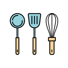 おたま・フライ返し・泡立て器のシンプルなベクターイラスト素材｜調理器具,木製持ち手,キッチンツール,ベクター,白背景