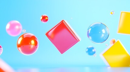 Vibrant spheres and cubes float against a light blue backdrop; glossy, colorful, and playful