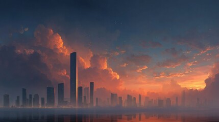 Fototapeta premium Sleek metropolitan skyline dominated by monolithic towers, each structured with uninterrupted verticality, set against a richly lit cloud canopy in violet, indigo, and apricot shades 