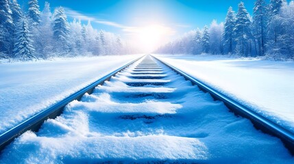 Snow-covered train tracks receding into a bright, sunlit winter forest