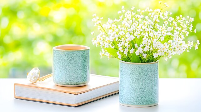 A teal ceramic mug of tea sits beside a matching vase of white flowers and a closed tan journal on a bright, naturally lit surface