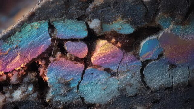 Microscopic view capturing intricate layers of fertilizer pellet, blending recycled textile dyes with organic matter, representing sustainable agricultural innovation
