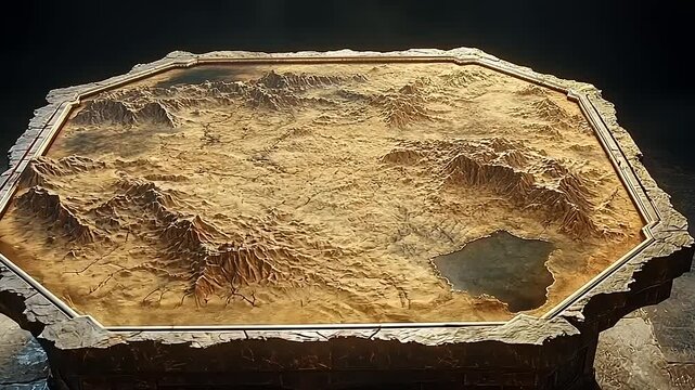 Aerial view of an ancient map table with a terrain resembling a desert landscape