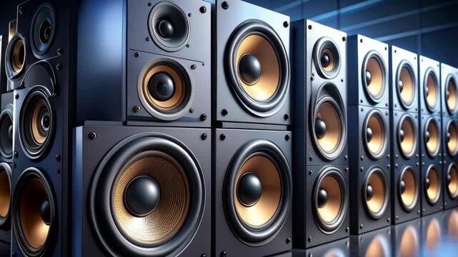 High fidelity audio speakers stacked on reflective surface, showcasing multiple woofers and tweeters with modern design for sound system.