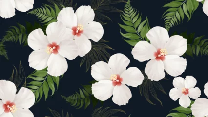 Fototapeten Floral seamless pattern features large white hibiscus flowers intermingled with various shades of green fern and palm leaves on a dark blue background © momosama