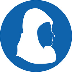The image shows a white silhouette of a woman in profile wearing a hijab, centered on a solid blue circular background