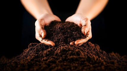 Two hands gently cradle a generous mound of dark, rich soil against a stark black backdrop