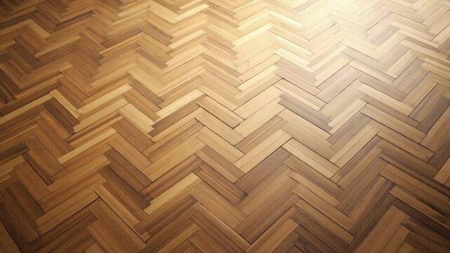 Overhead view of a parquet floor with a herringbone pattern in shades of brown and beige lighting background texture video