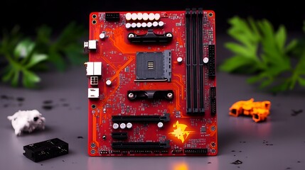 Vibrant red motherboard, CPU socket prominent, surrounded by small objects on a dark gray surface