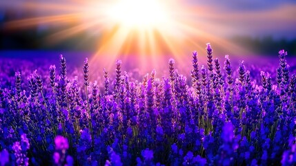 Vibrant purple lavender field bathed in warm, radiant sunlight at sunrise or sunset, creating a serene and idyllic scene
