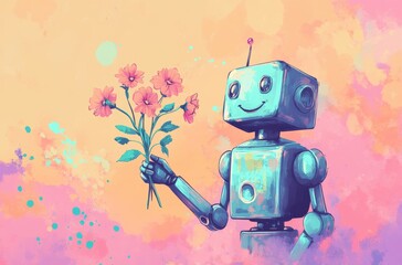 Smiling robot giving flowers in a retro cartoon style, pastel color