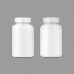 White Plastic Medicine Bottle Mockup - Pills Container Template. Vector