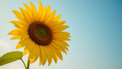 Obraz premium Close-up macro shot of a single blooming sunflower against a soft blue sky background, with vivid detail in the petals and texture — perfect for nature and wellness themes. 