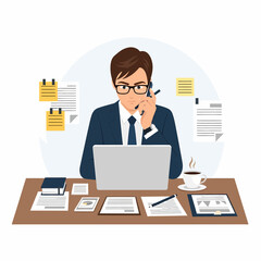 Concentrated Young Businessman at Desk Working with Documents