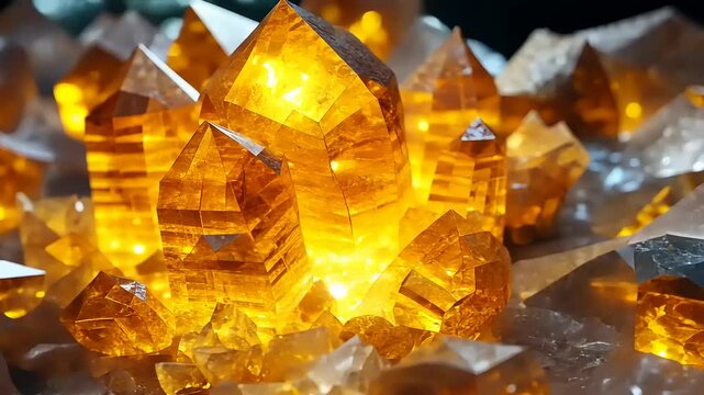 Close-up view of sparkling golden citrine quartz crystals against dark background