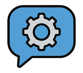 A blue speech bubble icon with a gear inside, symbolizing technical support or settings