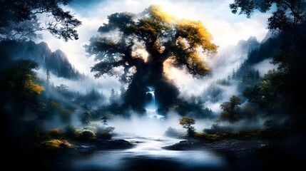 Fototapeta premium Majestic ancient tree, golden leaves, shrouded in mist, stands between mountains by a tranquil stream, mystical atmosphere