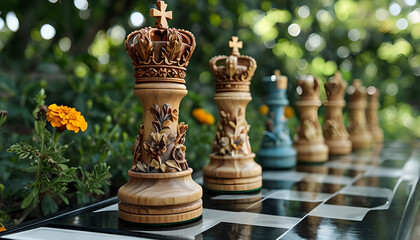 Outdoor Chessboard Scene With Ornate Wooden Pieces And Vibrant Flowers