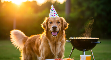 Golden Retriever Celebrates Birthday BBQ Party Outdoors at Sunset