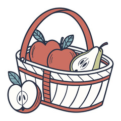 Wooden basket with apples and pears fruit illustration