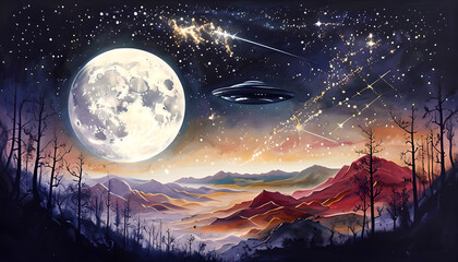 Naklejka premium Surreal Landscape With Dramatic Moon And UFO Presence