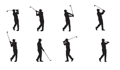 Naklejka premium Silhouettes of a golfer in action performing various golf swings on a white background