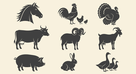 Silhouette Illustrations of Farm Animals Horse Rooster Cow Sheep Pig and Geese