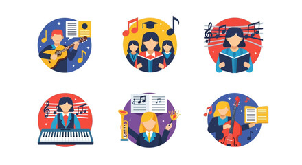 Six Illustrations of Musicians with Instruments and Sheet Music in Circles