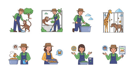 Zookeepers and Animals Caring for Wildlife in Captivity Illustrations