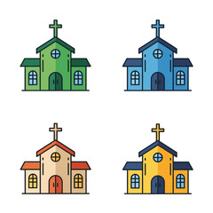 Four colorful cartoon churches with crosses on top different colors