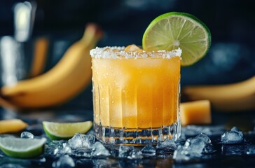 Bright rustic photo of Banana Farmer cocktail, tropical