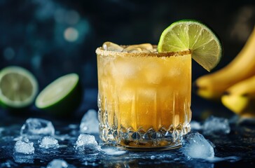 Bright rustic photo of Banana Farmer cocktail, tropical