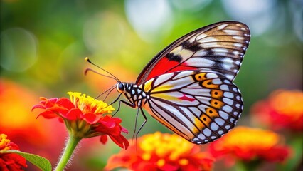 Fototapeta premium A Red-spot Jezebel sipping nectar from a colorful flower, pollen, red, pollen, red,bees