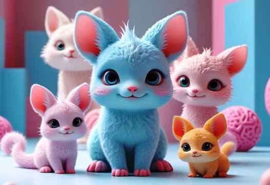 Adorable Fantasy Friends: This enchanting design showcases a collection of lovable, imaginative creatures with sweet expressions, bathed in a gentle glow of beautiful, soft, light hues.