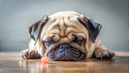 Obraz premium Adorable pug dog sleeping on floor with gum stuck in eye, adorable facial expression, soft and cuddly texture